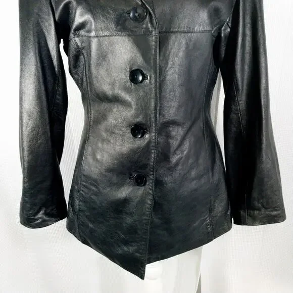 WILSONS LEATHER! RICH BLACK GENUINE LEATHER FITTED BUTTON FRONT JACKET! SZ M - Picture 4 of 12